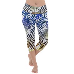 Blue And Yellow Tropical Leaves Lightweight Velour Capri Yoga Leggings by goljakoff