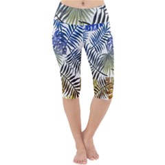 Blue And Yellow Tropical Leaves Lightweight Velour Cropped Yoga Leggings by goljakoff