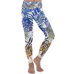 Blue And Yellow Tropical Leaves Kids  Lightweight Velour Classic Yoga Leggings by goljakoff