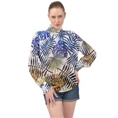 Blue And Yellow Tropical Leaves High Neck Long Sleeve Chiffon Top by goljakoff