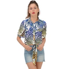 Blue And Yellow Tropical Leaves Tie Front Shirt 