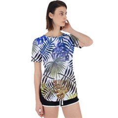 Blue And Yellow Tropical Leaves Perpetual Short Sleeve T-shirt by goljakoff