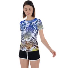 Blue And Yellow Tropical Leaves Back Circle Cutout Sports Tee by goljakoff