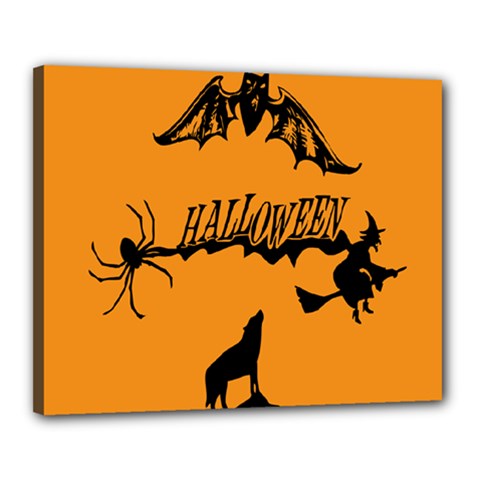 Happy Halloween Scary Funny Spooky Logo Witch On Broom Broomstick Spider Wolf Bat Black 8888 Black A Canvas 20  X 16  (stretched) by HalloweenParty