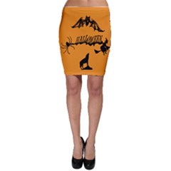 Happy Halloween Scary Funny Spooky Logo Witch On Broom Broomstick Spider Wolf Bat Black 8888 Black A Bodycon Skirt by HalloweenParty