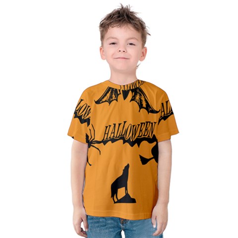 Happy Halloween Scary Funny Spooky Logo Witch On Broom Broomstick Spider Wolf Bat Black 8888 Black A Kids  Cotton Tee by HalloweenParty