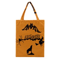 Happy Halloween Scary Funny Spooky Logo Witch On Broom Broomstick Spider Wolf Bat Black 8888 Black A Classic Tote Bag by HalloweenParty