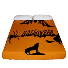 Happy Halloween Scary Funny Spooky Logo Witch On Broom Broomstick Spider Wolf Bat Black 8888 Black A Fitted Sheet (california King Size) by HalloweenParty