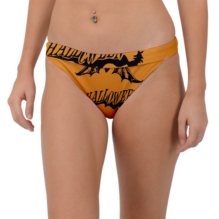 Happy Halloween Scary Funny Spooky Logo Witch On Broom Broomstick Spider Wolf Bat Black 8888 Black A Band Bikini Bottom