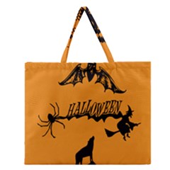 Happy Halloween Scary Funny Spooky Logo Witch On Broom Broomstick Spider Wolf Bat Black 8888 Black A Zipper Large Tote Bag by HalloweenParty