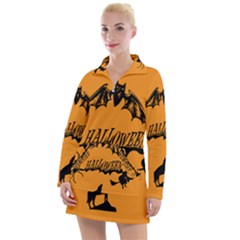 Happy Halloween Scary Funny Spooky Logo Witch On Broom Broomstick Spider Wolf Bat Black 8888 Black A Women s Long Sleeve Casual Dress by HalloweenParty