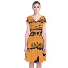 Happy Halloween Scary Funny Spooky Logo Witch On Broom Broomstick Spider Wolf Bat Black 8888 Black A Short Sleeve Front Wrap Dress by HalloweenParty