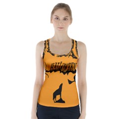 Happy Halloween Scary Funny Spooky Logo Witch On Broom Broomstick Spider Wolf Bat Black 8888 Black A Racer Back Sports Top by HalloweenParty