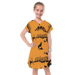 Happy Halloween Scary Funny Spooky Logo Witch On Broom Broomstick Spider Wolf Bat Black 8888 Black A Kids  Drop Waist Dress by HalloweenParty