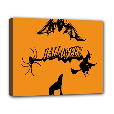 Happy Halloween Scary Funny Spooky Logo Witch On Broom Broomstick Spider Wolf Bat Black 8888 Black A Deluxe Canvas 20  X 16  (stretched) by HalloweenParty