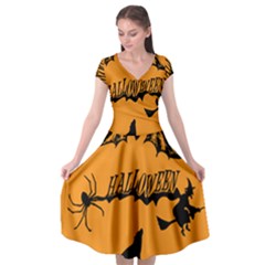 Happy Halloween Scary Funny Spooky Logo Witch On Broom Broomstick Spider Wolf Bat Black 8888 Black A Cap Sleeve Wrap Front Dress by HalloweenParty