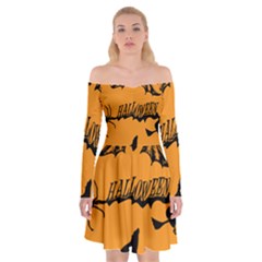 Happy Halloween Scary Funny Spooky Logo Witch On Broom Broomstick Spider Wolf Bat Black 8888 Black A Off Shoulder Skater Dress by HalloweenParty