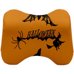 Happy Halloween Scary Funny Spooky Logo Witch On Broom Broomstick Spider Wolf Bat Black 8888 Black A Head Support Cushion by HalloweenParty