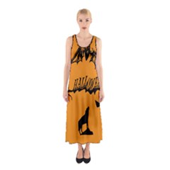 Happy Halloween Scary Funny Spooky Logo Witch On Broom Broomstick Spider Wolf Bat Black 8888 Black A Sleeveless Maxi Dress by HalloweenParty