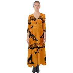 Happy Halloween Scary Funny Spooky Logo Witch On Broom Broomstick Spider Wolf Bat Black 8888 Black A Button Up Boho Maxi Dress by HalloweenParty