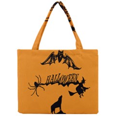 Happy Halloween Scary Funny Spooky Logo Witch On Broom Broomstick Spider Wolf Bat Black 8888 Black A Mini Tote Bag by HalloweenParty