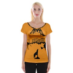 Happy Halloween Scary Funny Spooky Logo Witch On Broom Broomstick Spider Wolf Bat Black 8888 Black A Cap Sleeve Top by HalloweenParty