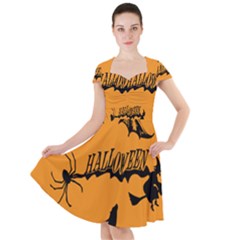 Happy Halloween Scary Funny Spooky Logo Witch On Broom Broomstick Spider Wolf Bat Black 8888 Black A Cap Sleeve Midi Dress by HalloweenParty