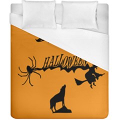 Happy Halloween Scary Funny Spooky Logo Witch On Broom Broomstick Spider Wolf Bat Black 8888 Black A Duvet Cover (california King Size) by HalloweenParty