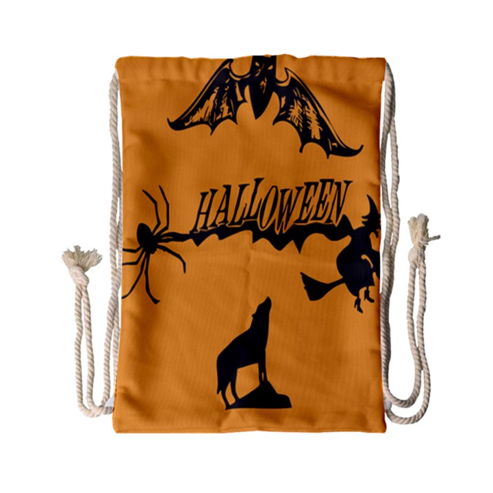 Happy Halloween Scary Funny Spooky Logo Witch On Broom Broomstick Spider Wolf Bat Black 8888 Black A Drawstring Bag (Small)