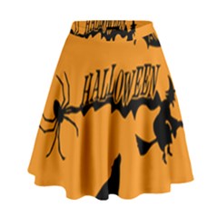 Happy Halloween Scary Funny Spooky Logo Witch On Broom Broomstick Spider Wolf Bat Black 8888 Black A High Waist Skirt by HalloweenParty