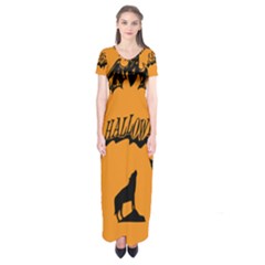 Happy Halloween Scary Funny Spooky Logo Witch On Broom Broomstick Spider Wolf Bat Black 8888 Black A Short Sleeve Maxi Dress by HalloweenParty