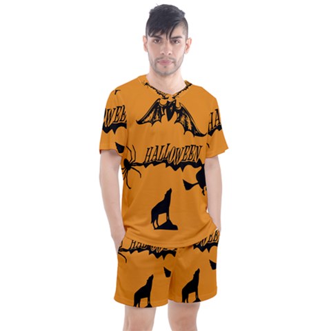 Happy Halloween Scary Funny Spooky Logo Witch On Broom Broomstick Spider Wolf Bat Black 8888 Black A Men s Mesh Tee And Shorts Set by HalloweenParty