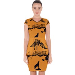 Happy Halloween Scary Funny Spooky Logo Witch On Broom Broomstick Spider Wolf Bat Black 8888 Black A Capsleeve Drawstring Dress  by HalloweenParty