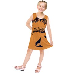 Happy Halloween Scary Funny Spooky Logo Witch On Broom Broomstick Spider Wolf Bat Black 8888 Black A Kids  Tunic Dress by HalloweenParty