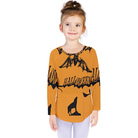 Happy Halloween Scary Funny Spooky Logo Witch On Broom Broomstick Spider Wolf Bat Black 8888 Black A Kids  Long Sleeve Tee by HalloweenParty