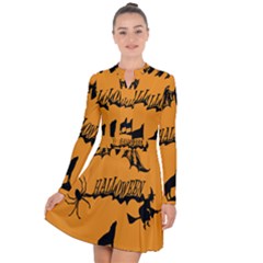 Happy Halloween Scary Funny Spooky Logo Witch On Broom Broomstick Spider Wolf Bat Black 8888 Black A Long Sleeve Panel Dress by HalloweenParty