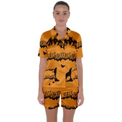 Happy Halloween Scary Funny Spooky Logo Witch On Broom Broomstick Spider Wolf Bat Black 8888 Black A Satin Short Sleeve Pyjamas Set by HalloweenParty