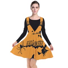 Happy Halloween Scary Funny Spooky Logo Witch On Broom Broomstick Spider Wolf Bat Black 8888 Black A Plunge Pinafore Dress by HalloweenParty