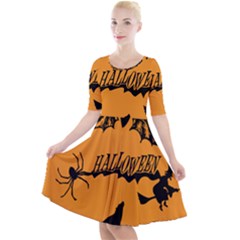 Happy Halloween Scary Funny Spooky Logo Witch On Broom Broomstick Spider Wolf Bat Black 8888 Black A Quarter Sleeve A-line Dress by HalloweenParty