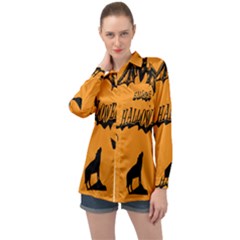 Happy Halloween Scary Funny Spooky Logo Witch On Broom Broomstick Spider Wolf Bat Black 8888 Black A Long Sleeve Satin Shirt