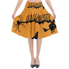 Happy Halloween Scary Funny Spooky Logo Witch On Broom Broomstick Spider Wolf Bat Black 8888 Black A Flared Midi Skirt by HalloweenParty