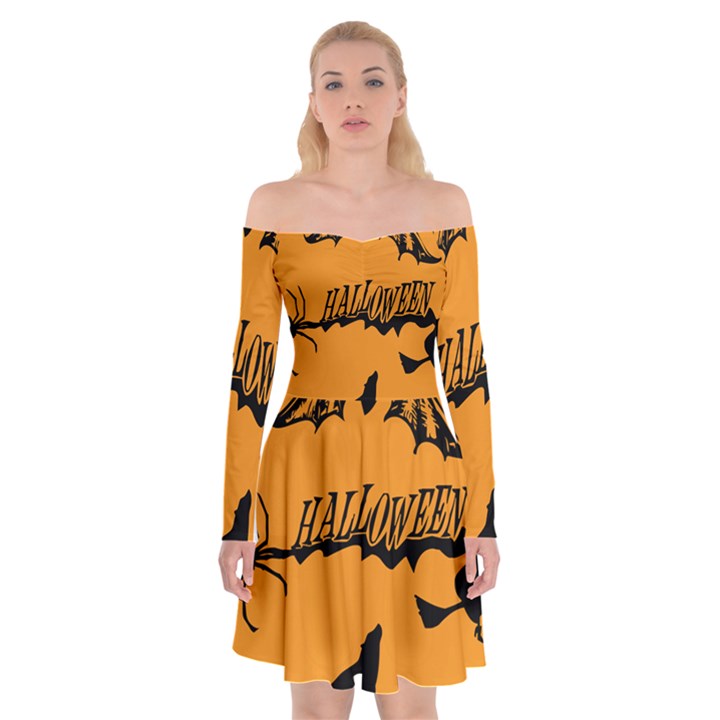 Happy Halloween Scary Funny Spooky Logo Witch On Broom Broomstick Spider Wolf Bat Black 8888 Black A Off Shoulder Skater Dress