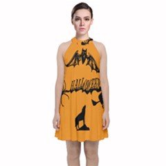 Happy Halloween Scary Funny Spooky Logo Witch On Broom Broomstick Spider Wolf Bat Black 8888 Black A Velvet Halter Neckline Dress 