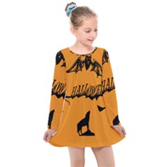 Happy Halloween Scary Funny Spooky Logo Witch On Broom Broomstick Spider Wolf Bat Black 8888 Black A Kids  Long Sleeve Dress by HalloweenParty