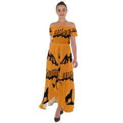 Happy Halloween Scary Funny Spooky Logo Witch On Broom Broomstick Spider Wolf Bat Black 8888 Black A Off Shoulder Open Front Chiffon Dress by HalloweenParty