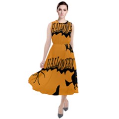 Happy Halloween Scary Funny Spooky Logo Witch On Broom Broomstick Spider Wolf Bat Black 8888 Black A Round Neck Boho Dress by HalloweenParty