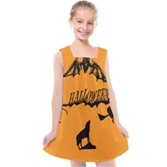 Happy Halloween Scary Funny Spooky Logo Witch On Broom Broomstick Spider Wolf Bat Black 8888 Black A Kids  Cross Back Dress by HalloweenParty