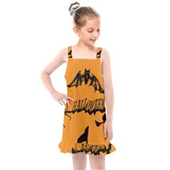 Happy Halloween Scary Funny Spooky Logo Witch On Broom Broomstick Spider Wolf Bat Black 8888 Black A Kids  Overall Dress by HalloweenParty