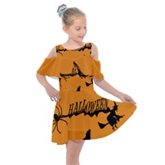 Happy Halloween Scary Funny Spooky Logo Witch On Broom Broomstick Spider Wolf Bat Black 8888 Black A Kids  Shoulder Cutout Chiffon Dress by HalloweenParty