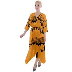 Happy Halloween Scary Funny Spooky Logo Witch On Broom Broomstick Spider Wolf Bat Black 8888 Black A Quarter Sleeve Wrap Front Maxi Dress by HalloweenParty